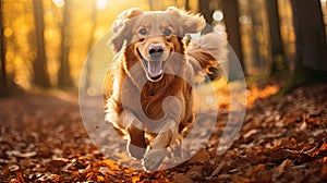 Happy golden retriever dog running in a autumn forest