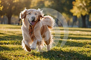 Happy Golden Retriever enjoying a playful run in the beautiful park under