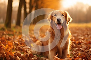 A happy golden retriever enjoys a restful moment in a picturesque field covered with colorful autumn leaves, Happy golden