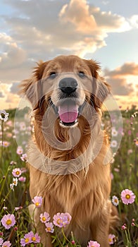 Happy golden retriever in a field of pink flowers.