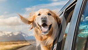 Happy golden retriever, head outside the car on a road trip