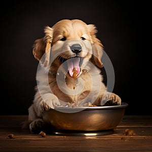 A happy golden retriever puppy eagerly eating its kibble from a bowl by AI generated