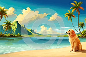 Happy Golden retriever puppy on sand beach Concept for summer adventures