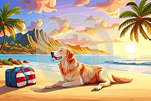 Happy Golden retriever puppy on sand beach Concept for summer adventures