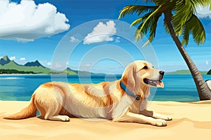 Happy Golden retriever puppy on sand beach Concept for summer adventures