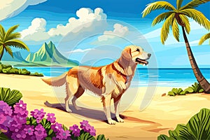 Happy Golden retriever puppy on sand beach Concept for summer adventures
