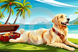 Happy Golden retriever puppy on sand beach Concept for summer adventures