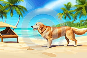 Happy Golden retriever puppy on sand beach Concept for summer adventures