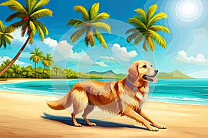 Happy Golden retriever puppy on sand beach Concept for summer adventures