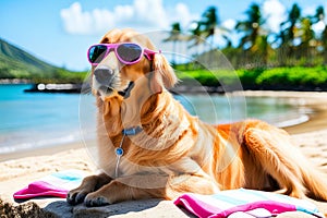 Happy Golden retriever puppy on sand beach Concept for summer adventures.