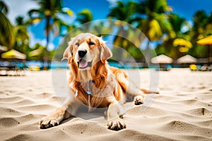 Happy Golden retriever puppy on sand beach Concept for summer adventures.