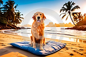 Happy Golden retriever puppy on sand beach Concept for summer adventures.