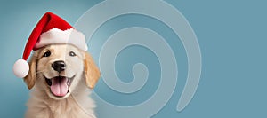 Happy Golden Retriever puppy wearing a Santa hat. Christmas pet theme banner. Generative AI image