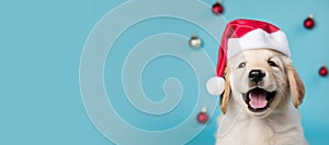 Happy Golden Retriever puppy wearing a Santa hat. Christmas pet theme banner. Generative AI image