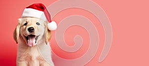 Happy Golden Retriever puppy wearing a Santa hat. Christmas pet theme banner. Generative AI image