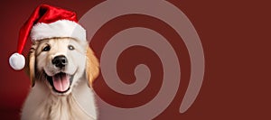 Happy Golden Retriever puppy wearing a Santa hat. Christmas pet theme banner. Generative AI image