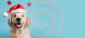 Happy Golden Retriever puppy wearing a Santa hat. Christmas pet theme banner. Generative AI image