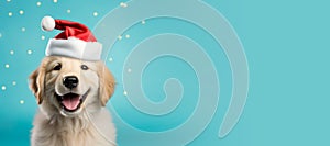 Happy Golden Retriever puppy wearing a Santa hat. Christmas pet theme banner. Generative AI image