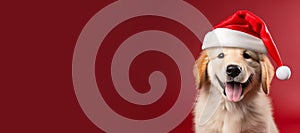 Happy Golden Retriever puppy wearing a Santa hat. Christmas pet theme banner. Generative AI image