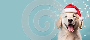 Happy Golden Retriever puppy wearing a Santa hat. Christmas pet theme banner. Generative AI image