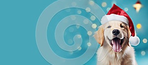 Happy Golden Retriever puppy wearing a Santa hat. Christmas pet theme banner. Generative AI image