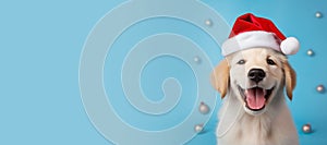 Happy Golden Retriever puppy wearing a Santa hat. Christmas pet theme banner. Generative AI image