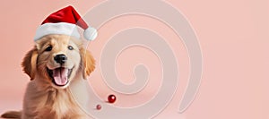 Happy Golden Retriever puppy wearing a Santa hat. Christmas pet theme banner. Generative AI image