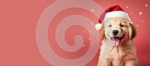 Happy Golden Retriever puppy wearing a Santa hat. Christmas pet theme banner. Generative AI image