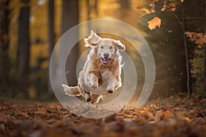 Happy Golden Retriever runs through the autumn park