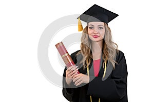 Happy graduate student holding a diploma isolated on white background.