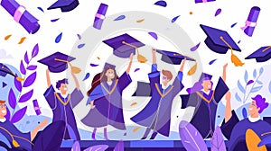 A happy graduate throws up his or her graduation cap in the air. Modern flat illustration of a person with a diploma