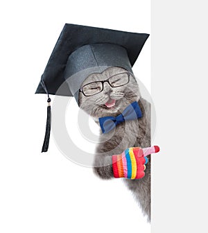 Happy graduated cat peeking and pointing at empty board. isolated on white background