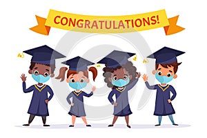 Happy graduated children wearing medical masks, academic gown and cap