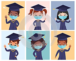 Happy graduated children wearing medical masks, academic gown and cap.