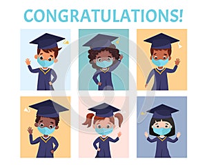 Happy graduated children wearing medical masks, academic gown and cap.