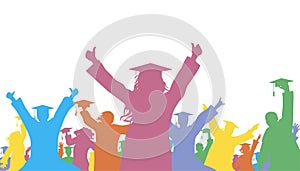 Happy graduates in graduation academic caps. Cheerful people, color silhouette. Graduation party. Vector  illustration