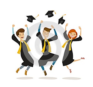 Happy graduates or students throw hats. Education, college, school, graduation concept. Cartoon vector illustration