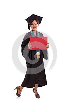 Happy graduating female student with a red placard, full body po