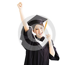 Happy graduating student raise hand with success gesture