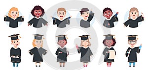 Happy graduation characters. Preschool graduates, cute cartoon little students with diploma. Isolated funny children