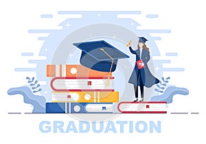 Happy Graduation Day of Students Celebrating Background Vector Illustration Wearing Academic Dress, Graduate Cap and Diploma