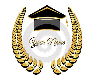 happy graduation design with circular leaf model and graduation cap in gold and black colors