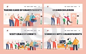 Happy Grandchildren Visiting Grandparents Landing Page Template Set. Family Characters Father, Mother and Kids Rejoice