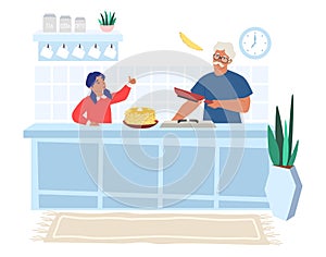 Happy grandfather cooking pancakes with granddaughter, flat vector illustration. Grandparent grandchild relationships.