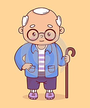Happy grandfather. Cute elderly gray-haired man with glasses with stick. Vector illustration. Positive cartoon male
