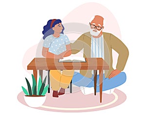 Happy grandfather and granddaughter reading book together flat vector illustration. Grandparent grandchild relationships