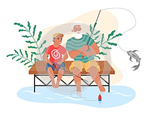 Happy grandfather and grandson fishing together, flat vector illustration. Grandparent grandchild relationships.