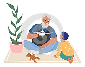 Happy grandfather and grandson playing toy game together, flat vector illustration. Grandparent grandchild relationships