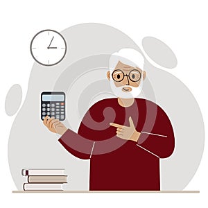 Happy grandfather holds a digital calculator in his hand and gestures, pointing with the finger of his other hand to the