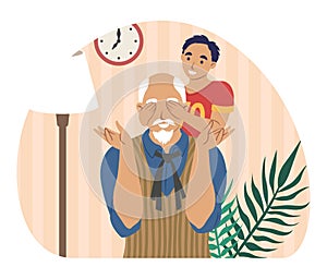Happy grandfather playing with grandson at home, flat vector illustration. Grandparent grandchild relationships.